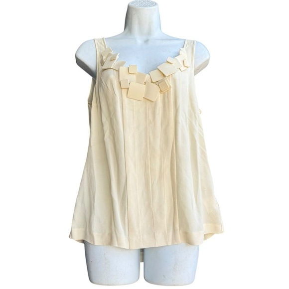 Tory Burch Ivory Crepe Silk Tank Top Womens 8 3D Square Detail Sleeveless Blouse - Picture 1 of 3